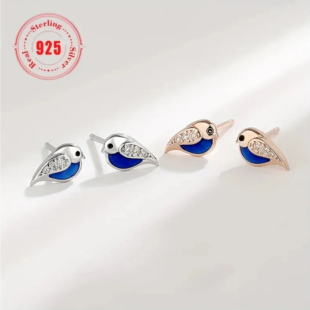 Sterling Silver Gold Bird Stud Earrings - Picture 2 of 3